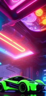 Futuristic neon cityscape with sports car and vibrant colors.