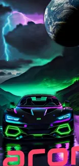 Futuristic car with neon lights under a cosmic sky.