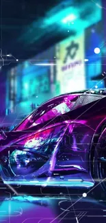 Futuristic car with neon lights in a cyberpunk setting.