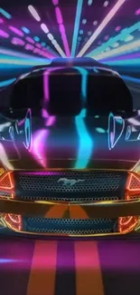 Futuristic car with neon lights racing through a digital landscape.