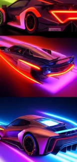 Neon futuristic car with vibrant lighting and sleek design in dynamic colors.