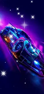 Neon futuristic car racing through vibrant cosmic space.