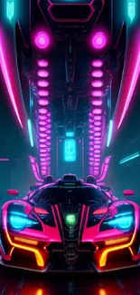 Futuristic neon car in vibrant cityscape, perfect for mobile wallpaper.