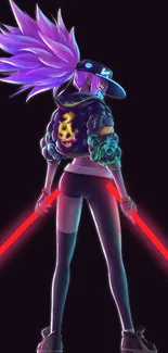 Digital art of a neon character with glowing lightsabers in dark aesthetics.