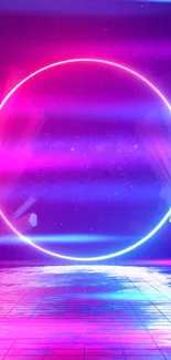 Vibrant neon circle with futuristic design on a purple background.