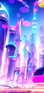 Futuristic neon cityscape with pink and blue buildings and flying vehicles.