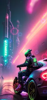 Neon futuristic cityscape with cyberpunk biker and glowing skyline.