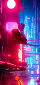 Futuristic cyberpunk cityscape with neon lights.