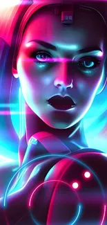 Neon cyber portrait with blue and pink hues, futuristic digital art.