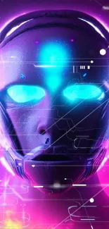 Neon futuristic cyborg with glowing blue eyes and purple hues.