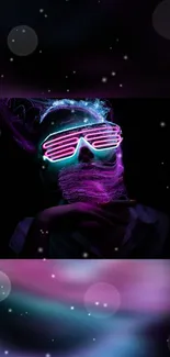 Neon-themed wallpaper with glowing glasses and abstract face design in purple tones.