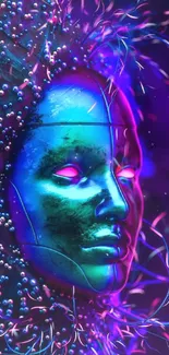 Abstract neon futuristic face wallpaper with vibrant blue and purple hues.