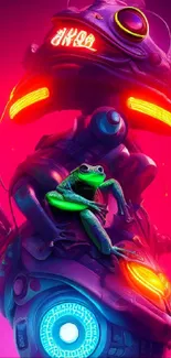 Neon-themed frog on a futuristic robot in vibrant colors.