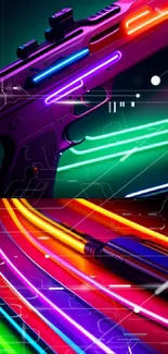 Vibrant neon wallpaper with futuristic gun and colorful light streaks.