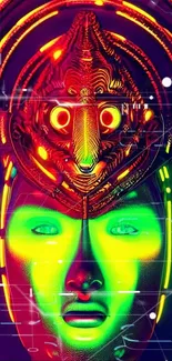 Neon vibrant futuristic mask art wallpaper with radiant colors.