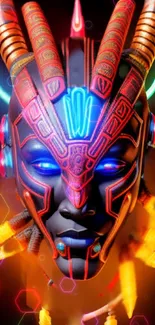 Neon futuristic mask art with vibrant colors and patterns.