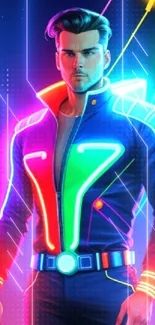 Futuristic neon character with glowing jacket.