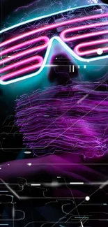 Futuristic neon wallpaper with glowing glasses and abstract purple design.