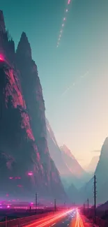 Futuristic neon-lit road with towering mountains, perfect for mobile wallpaper.