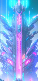 Futuristic tower with neon blue and pink accents in a sci-fi landscape.