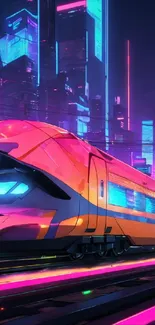 Futuristic neon train in vibrant cityscape wallpaper.