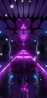 Futuristic neon tunnel with pink and blue lights glowing.