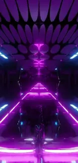 Neon tunnel with purple and blue lights creating a futuristic vibe.