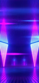 Neon futuristic wallpaper with purple and blue symmetrical LED lights.