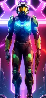 Neon futuristic warrior in vibrant colors for phone wallpaper.