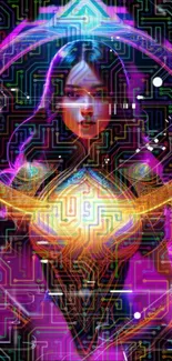 Futuristic neon woman with geometric patterns.