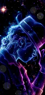 Neon galaxy artwork of a figure under a starry background.