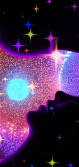 Mesmerizing neon cosmic silhouette wallpaper with colorful galaxy effects.