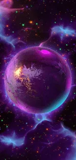 Purple neon planet with colorful cosmic background.