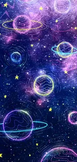 Neon planets and stars in a cosmic galaxy background.