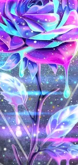 Neon galaxy rose with vibrant colors on a dark background wallpaper.