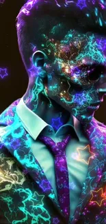 Neon galaxy themed art with a man in a vibrant suit and cosmic patterns.