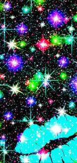 Vibrant neon galaxy wallpaper with blue lips.