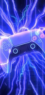 Neon blue game controller with electric effects on mobile wallpaper.