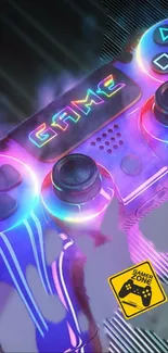 Neon-lit game controller with vibrant colors and gamer zone sign.