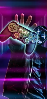 Gaming controller in neon art with vibrant purple light.