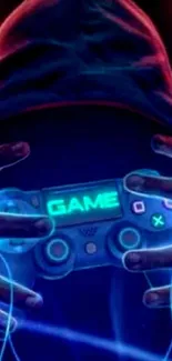 Neon gamer holding a glowing controller in dark blue tones.