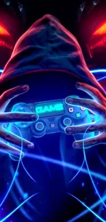 Hooded gamer holding controller with neon lights.