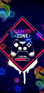 Neon gamer zone wallpaper with controller, dragons, and stars theme.