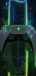 Futuristic neon green gaming controller on a dark background.