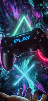 Neon gaming controller floating in a colorful backdrop.