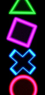 Neon gaming symbols on black background wallpaper.