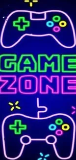 Neon game zone mobile wallpaper with controllers.