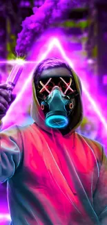 Vibrant neon wallpaper with a gas mask figure.