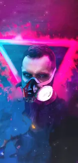 Neon-themed wallpaper with gas mask art and vibrant colors.