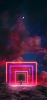 A mystical night sky with neon geometric frames and a small figure exploring.